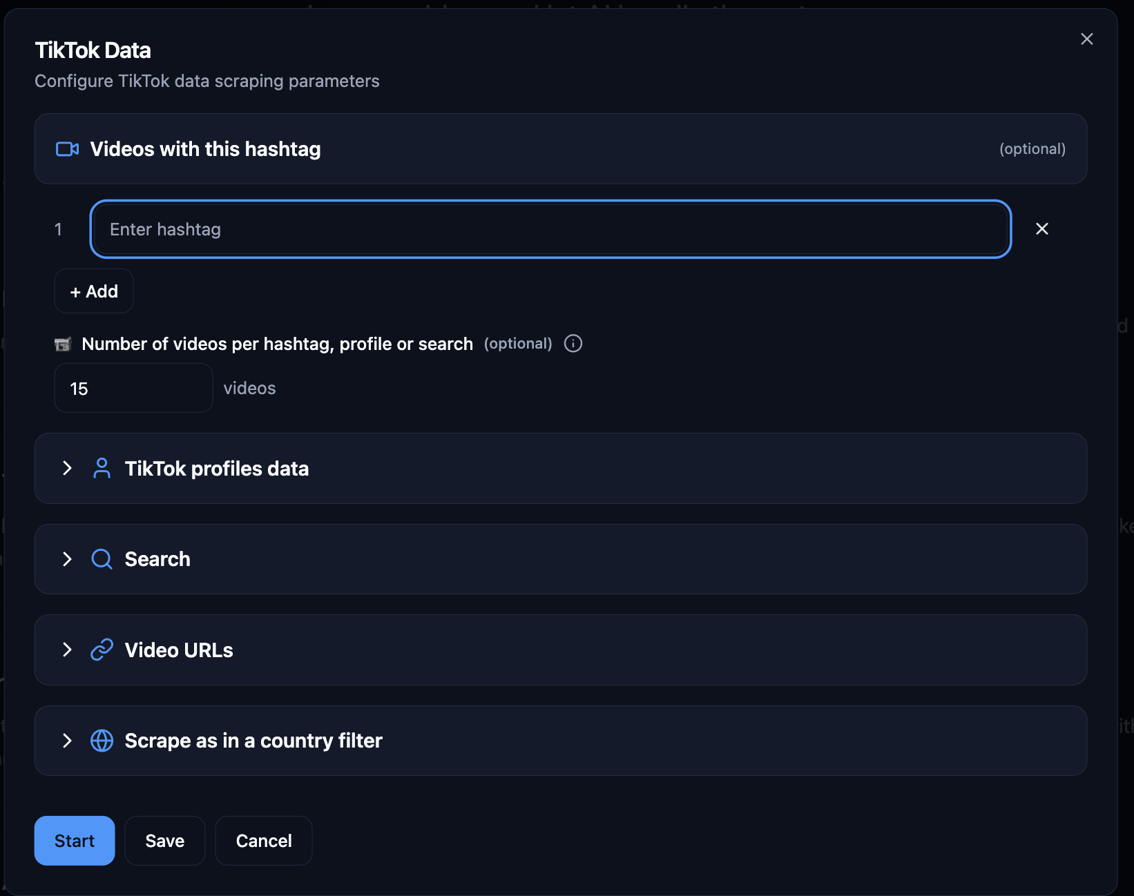 TikTok Data configuration form for entering profile and competitor details