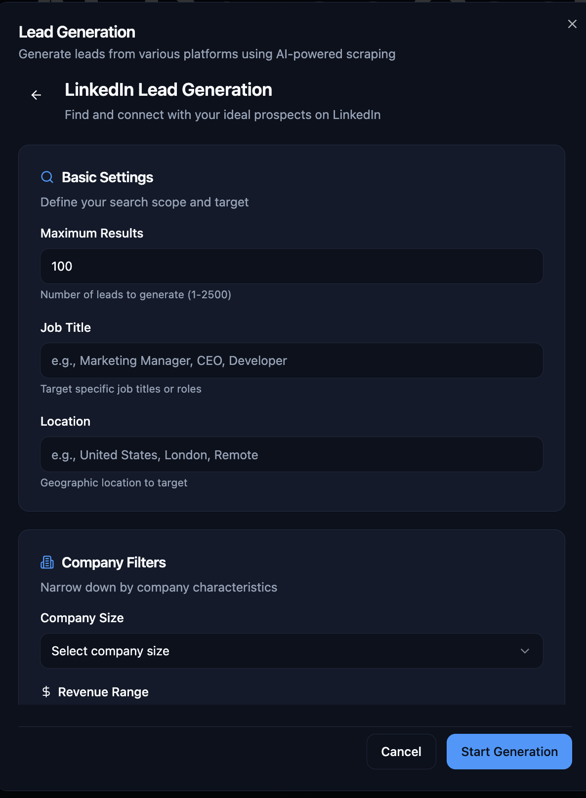 LinkedIn Lead Generation form showing basic settings, job title, location, and company filters