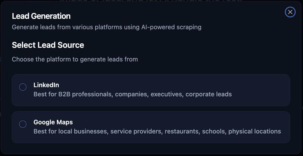 Lead source selection interface showing LinkedIn and Google Maps options